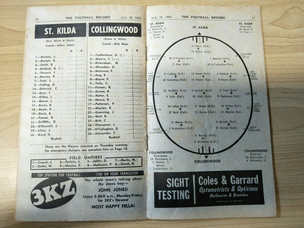 VFL 1968 July 20 Football Record St Kilda v Collingwood