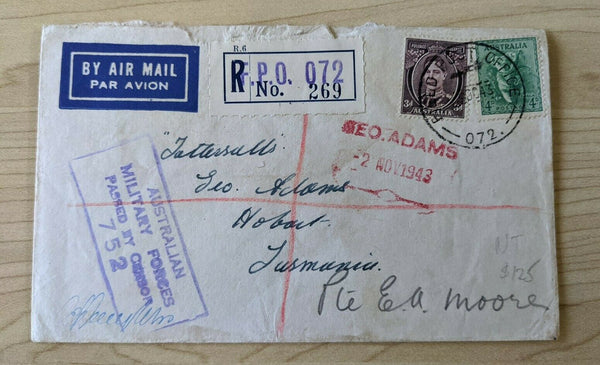 Australia  Military Mail Registered Passed By Censor to Tattersalls Tasmania