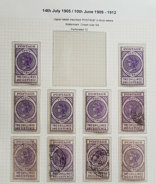 SA South Australia 1904 long types on 9 pages including rare £1 Perf SA pair M