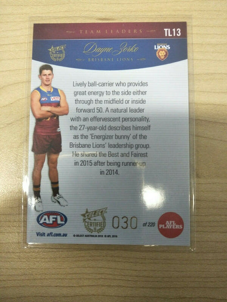 2016 Select Certified Team Leader Card Dayne Zorko Brisbane Lions No. 30/220