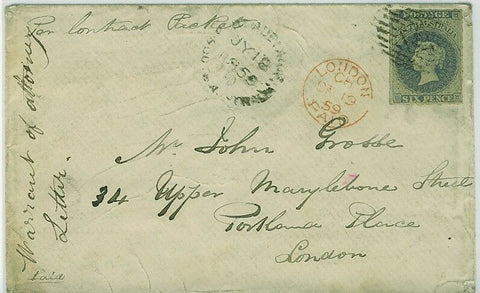 SA Australian States 6d 1859 First roulette  Adelaide to London. Postal history