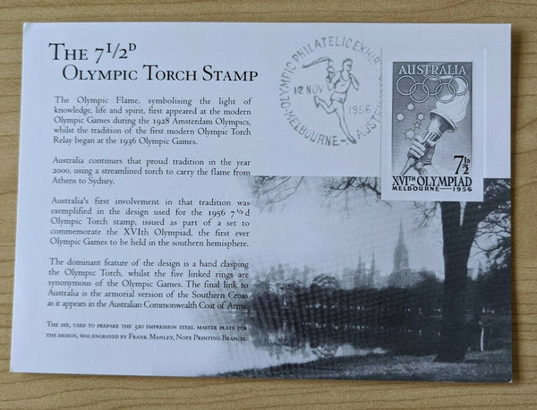Australia 1956 Melbourne Olympics Stamp Replica die proof Card 39 7½d Olympic Torch Stamp