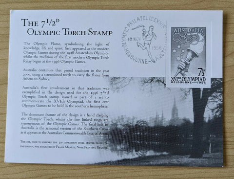 Australia 1956 Melbourne Olympics Stamp Replica die proof Card 39 7½d Olympic Torch Stamp