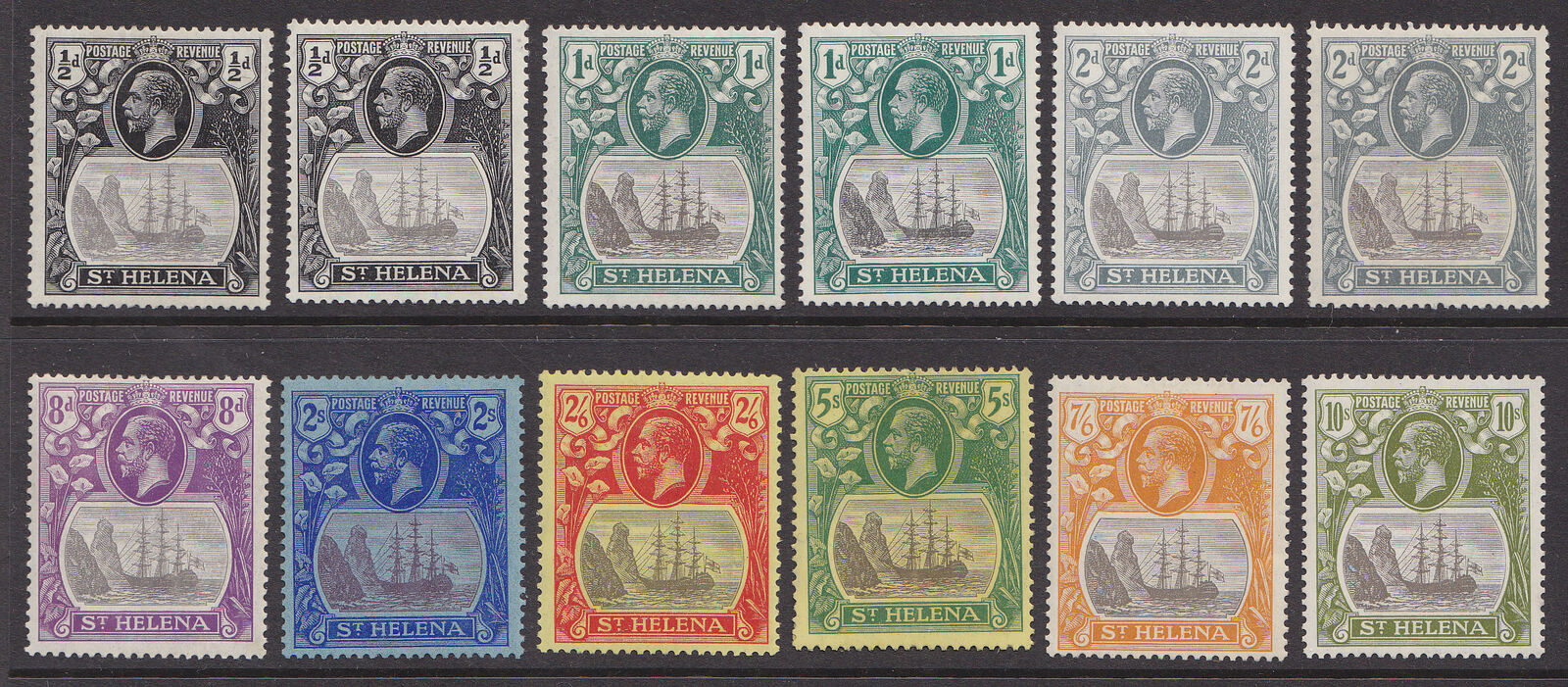 St Helena 1922 KGV arms ship Set to 10/-  except 3d,5d,6d,1/-,1/6 SG 97-112 MLH