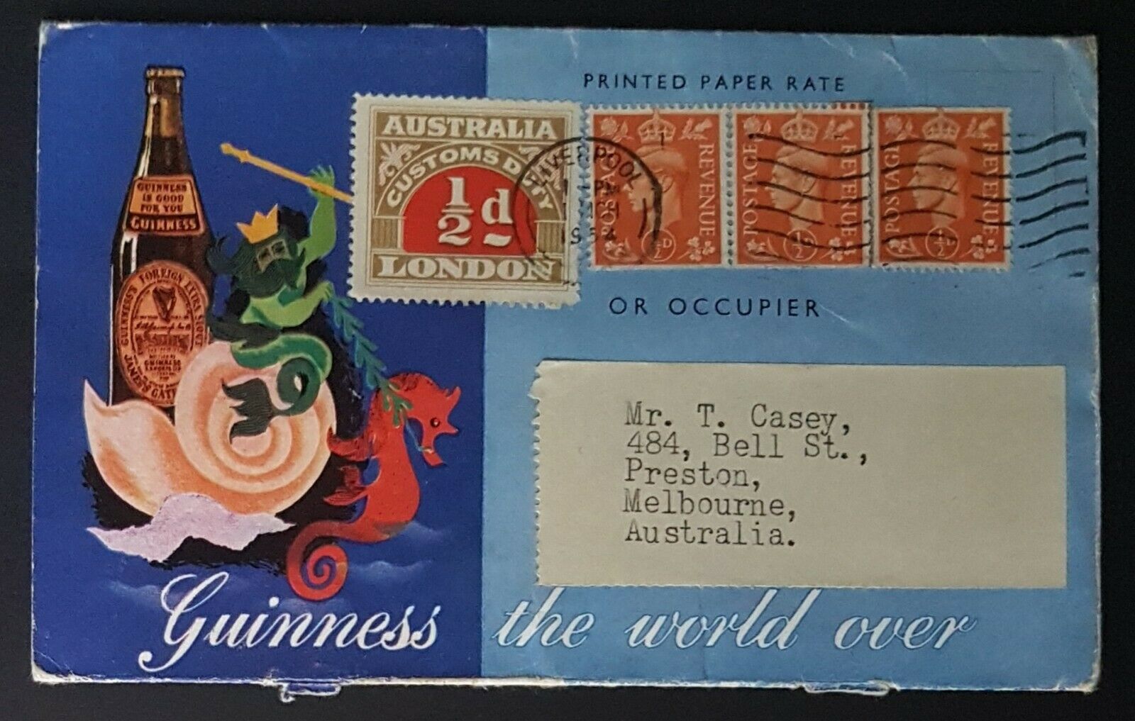 GB KGV1 Guinness advertising cover to Australia with Customs Duty stamp. Lovely