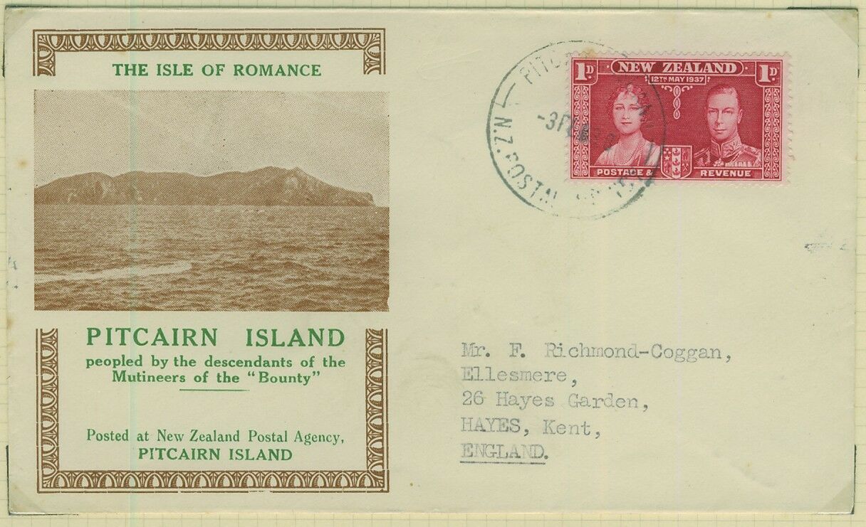 Pitcairn Illustrated cover to England with New Zealand 1d KG6 Coronation stamp