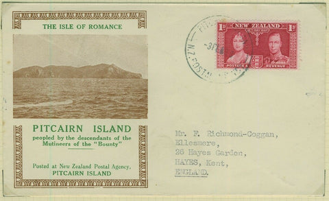 Pitcairn Illustrated cover to England with New Zealand 1d KG6 Coronation stamp