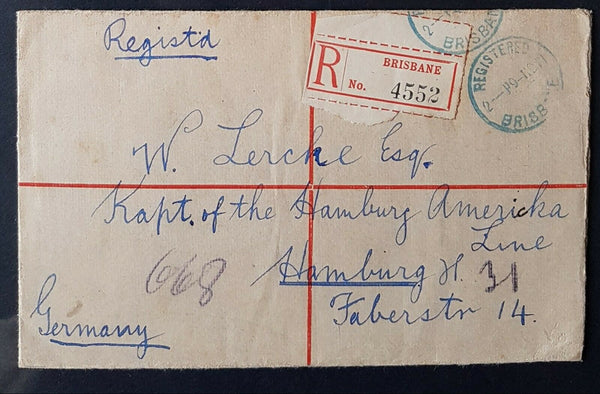 Queensland Registered Envelope RE1+ 2½d QV sent Brisbane - Hamburg Germany