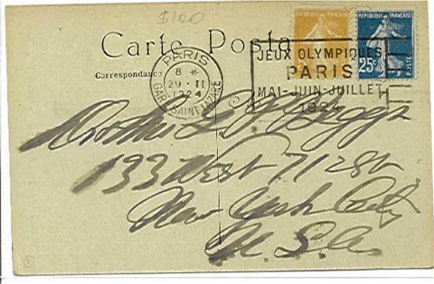 France - USA Postcard with 1924 Paris Olympics machine Slogan