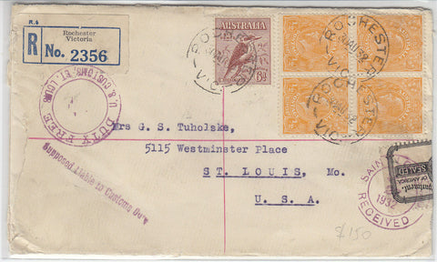 Australia1932 6d Kookaburra bird 4x½d KGV Registered Rochester, Victoria to USA
