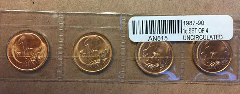 Australia 1987-90 Royal Australian Mint Uncirculated One Cent.  (4 Coins)