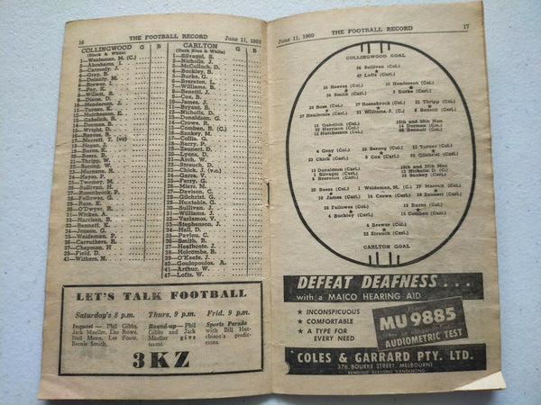 VFL 1960 June 11 Football Record Collingwood v Carlton