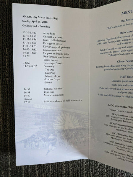 2010 AFL 25th April MCG ANZAC Day Lunch Menu, Collingwood vs Essendon