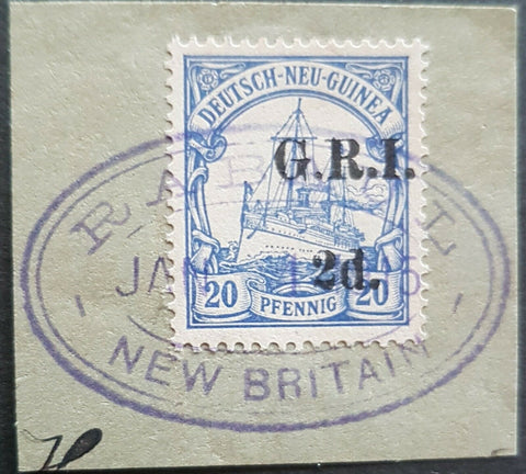 2d GRI on 20p German New Guinea SG 4 on piece with violet Rabaul oval hand stamp