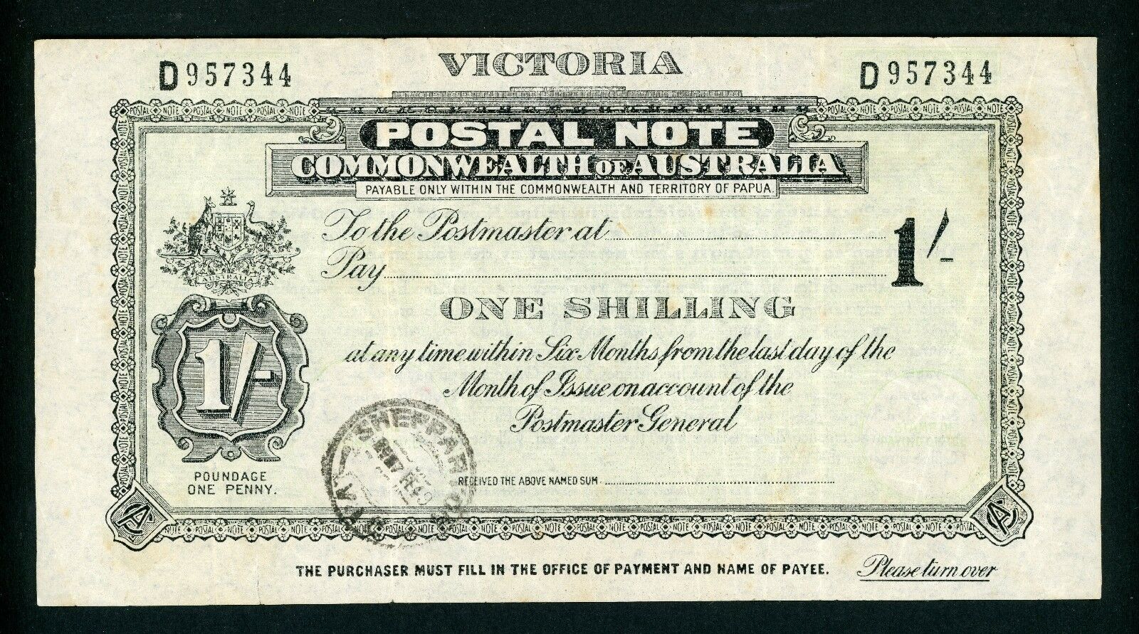 Australia Victoria 1/- Postal Note banknote postal stationery use Shepparton1949