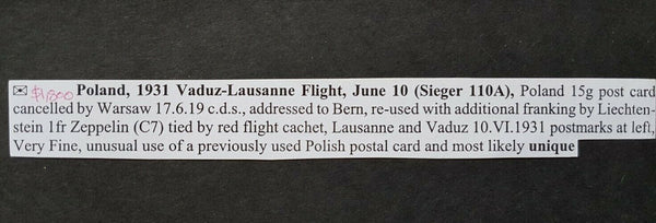 Poland Switzerland Liechtenstein 1931 Zeppelin flight cover with Zeppelin stamp