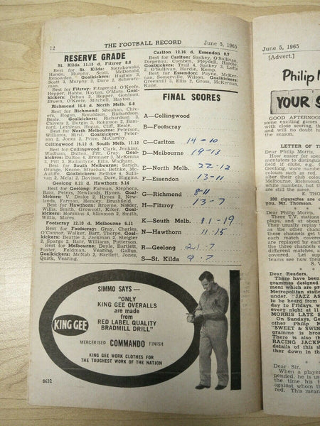 VFL 1965 June 5 Football Record Collingwood v Footscray