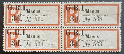 3d GRI on German New Guinea Manus Registered label SG 39 Block Mint