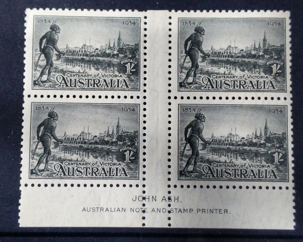 Australia SG 149 1/- Victoria Centenary P 10½  imprint block of 4 (3 MUH)