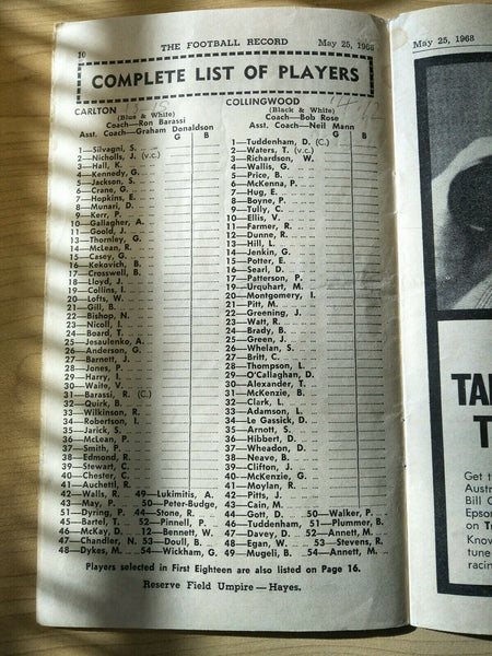 VFL 1968 May 25 Football Record Carlton v Collingwood