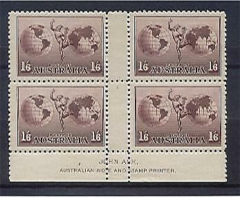 Australia SG 153 1/6d Hermes map No wmk in Imprint Block of 4. (3 MUH)