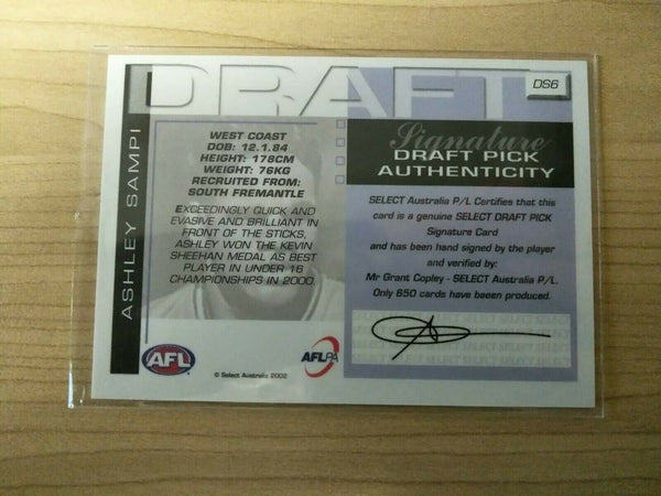 2002 AFL Select Exclusive Draft Pick Signature Ashley Sampi West Coast