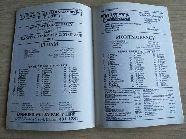 Football 1992 30th May Diamond Valley Football League Football Record Vol. 36, No. 8