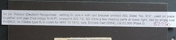3d GRI on German New Guinea Rabaul registered label, bracket error SG 33de U