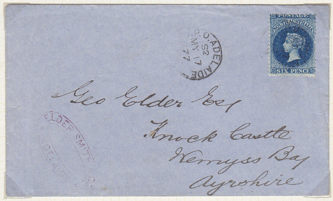 SA Australian States 6d 1877 Letter postmarked 'GPO ADELAIDE' to Ayreshire GB