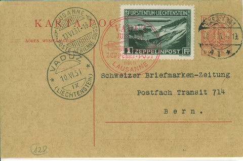 Poland 15g postcard + Liechtenstein 1fr Zeppelin tied by red fli