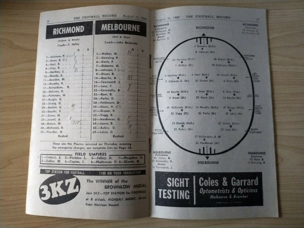 VFL 1968 August 31 Football Record Richmond v Melbourne