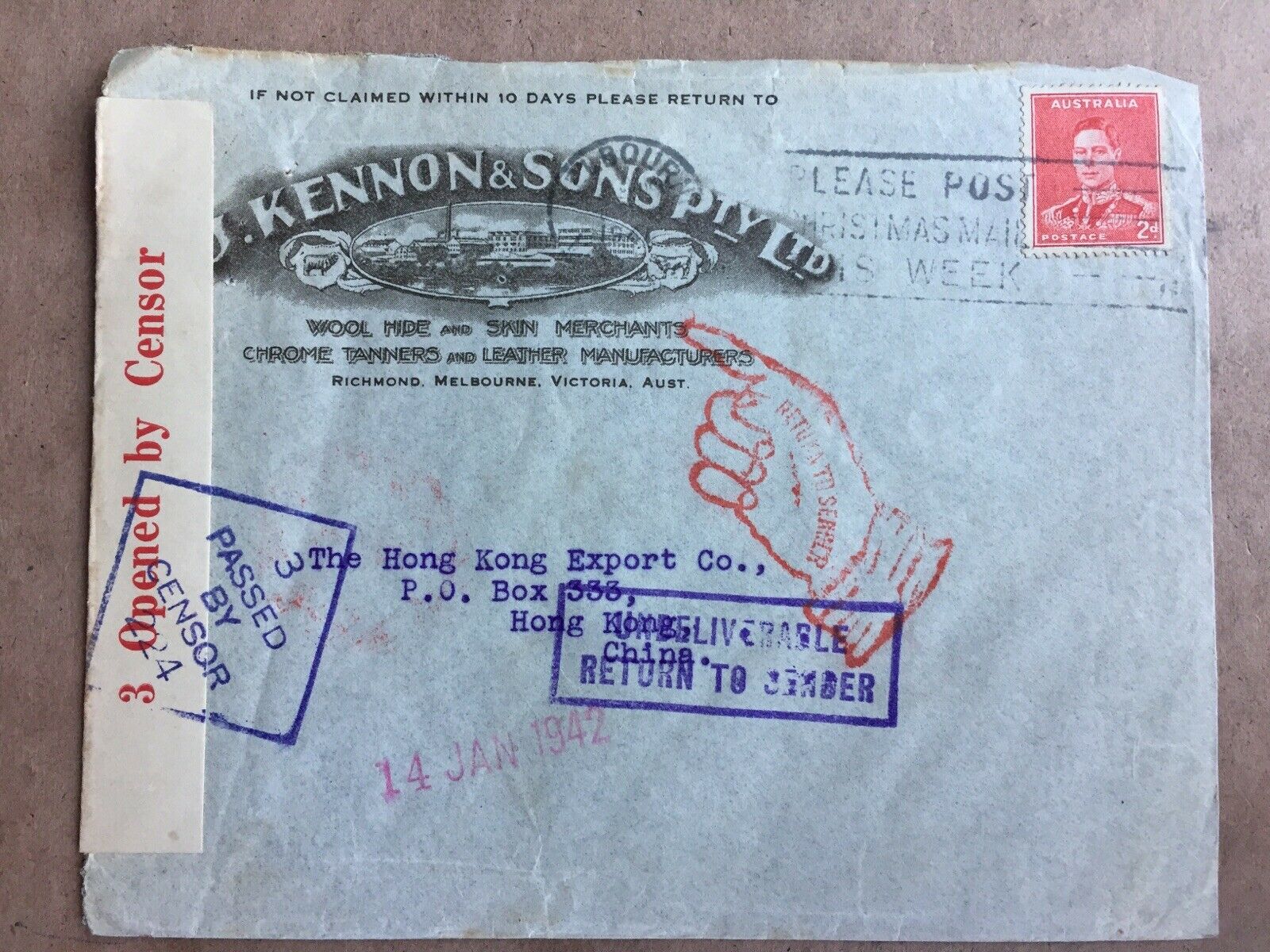 Australia - Hong Kong China Wool Advertising Cover Censored- WW2 undeliverable