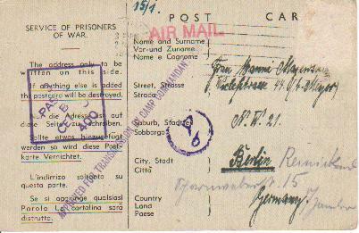 Australia WW2 POW card to Germany, stamp removed by censor prior to posting