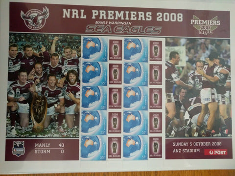 Australia Post 55c Souvenir Sheet - NRL Premiers 2008 Manly Warringah Sea Eagles