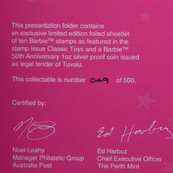 2009 50TH ANNIVERSARY OF BARBIE FOLDER Silver Coin and Stamps Limited 049/500