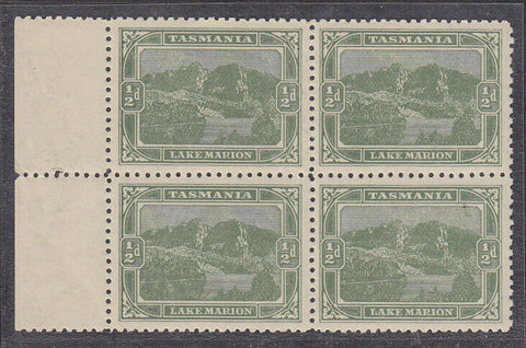 Tasmania SG 249da ½d yellow-green Pictorial lake Wmk up Perf 11 Block of 4 MUH