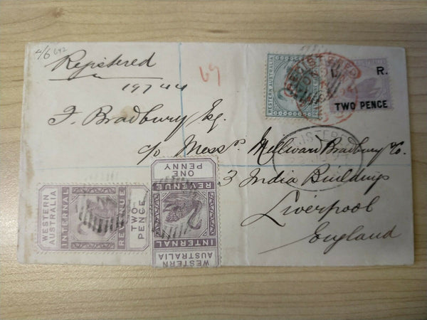 WA Western Australia 1882 Perth - Liverpool Cover 'IR' Surcharges 2d on 3d, ½d, 1d, 2d Swan birds