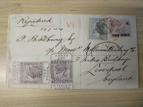WA 1882 Perth - Liverpool Cover 'IR' Surcharges 2d on 3d, ½d, 1d, 2d Swan birds