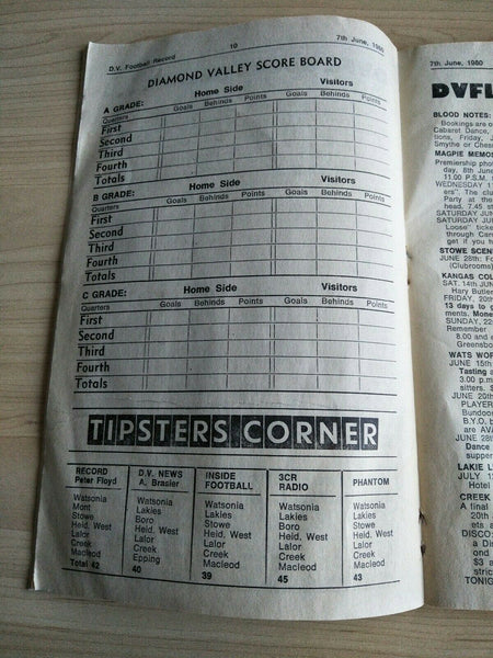 Football 1980 7th June Diamond Valley Football League Football Record Vol. 24, No. 9