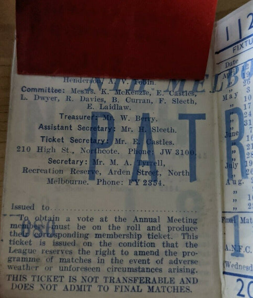 VFL 1958 North Melbourne Kangaroos Patron Member's Season Ticket