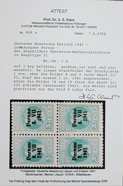 Estonia Michel 3A III Pernau 3k bl position 9 block of 4 MLH, with certificate