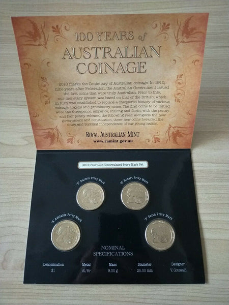 Australia 2010 Royal Australian Mint  $1 100 Years Of Australian Coinage 4 Coin Privy Mark Set - A, D, H, P