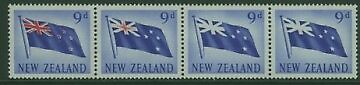 NZ New Zealand SG 790a Error 9d red + ultra in strip of 4 Missing Red on 2 units