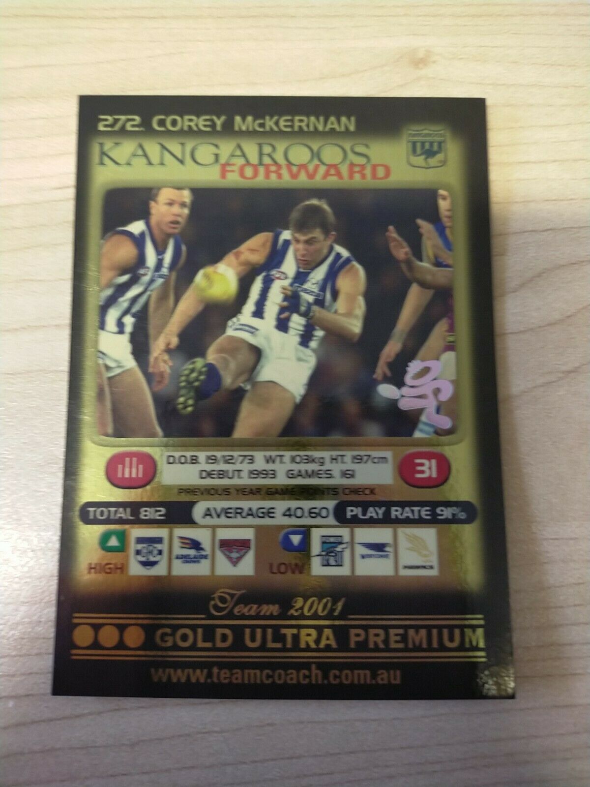 2001 Teamcoach Gold Prize Card North Melbourne 272 Corey McKernan