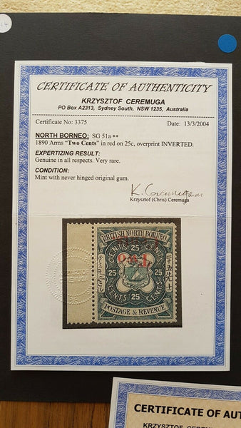 North Borneo 1890 2c on 25c Arms with INVERTED surcharge Error SG 51A MUH