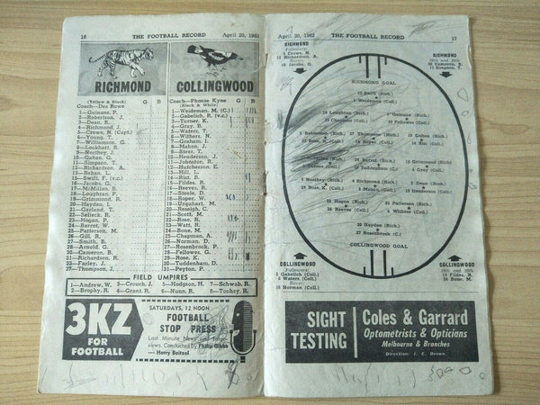 VFL 1963 April 20 Football Record Richmond v Collingwood - Signed By Mick Bone