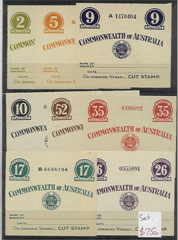 Australia revenues1947 Beer Duty set of 8 values (2 gallons to 52 gallons) Mint