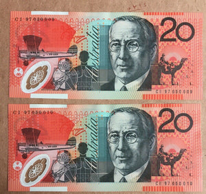 R428a 1997 $20 Evans Macfarlane Polymer Banknotes Consecutive Pair Uncirculated