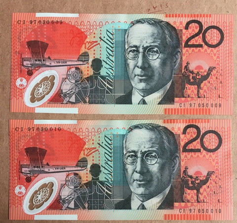 R428a 1997 $20 Evans Macfarlane Polymer Banknotes Consecutive Pair Uncirculated