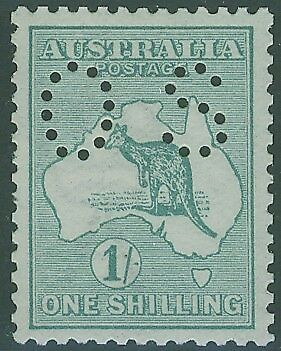 Australia SG O25 1/- Emerald Kangaroo map1st Watermark Perforated Small OS MU